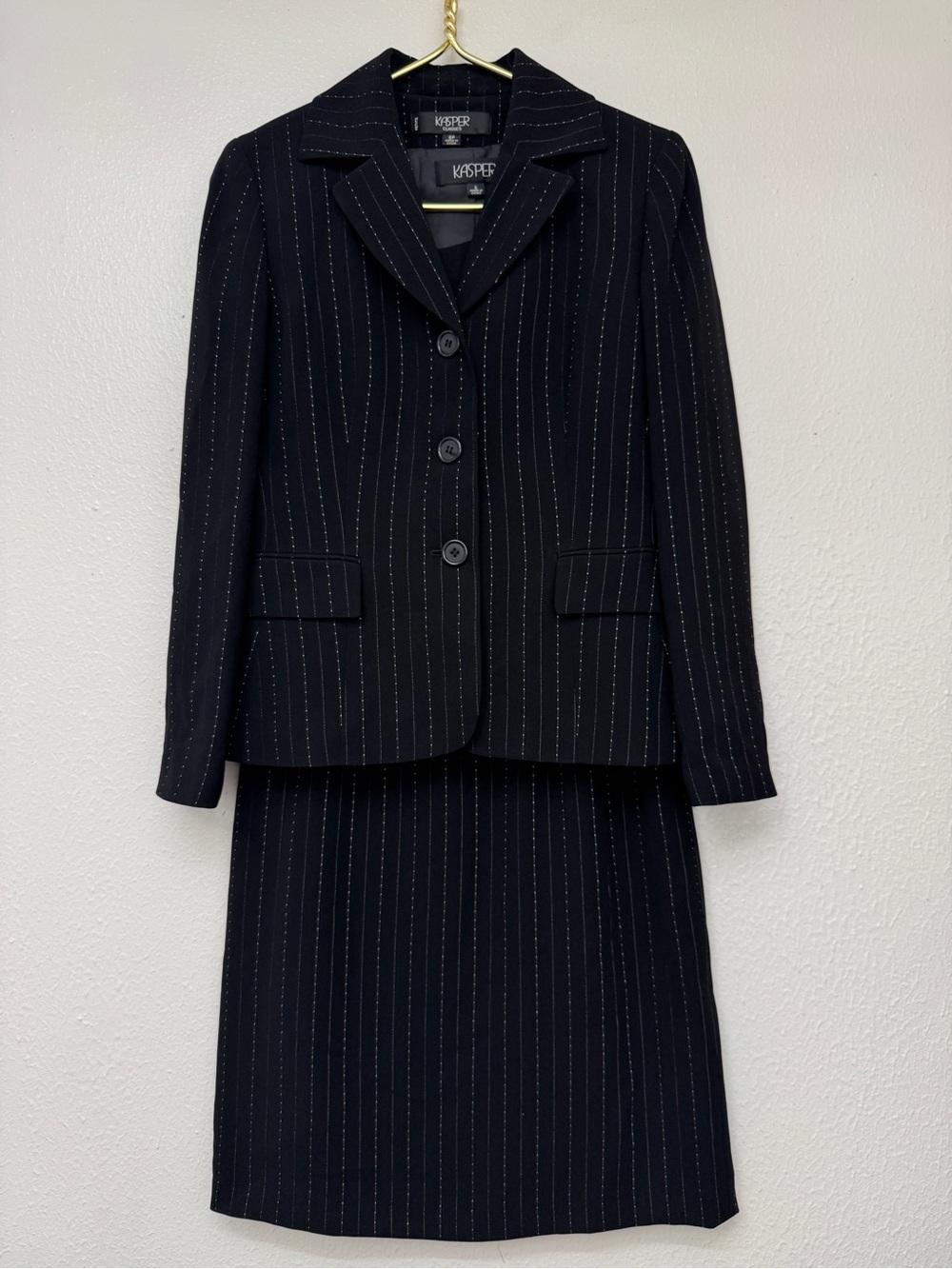 Kasper Two Piece Black Pinstripe Blazer and Skirt Set Size 6P